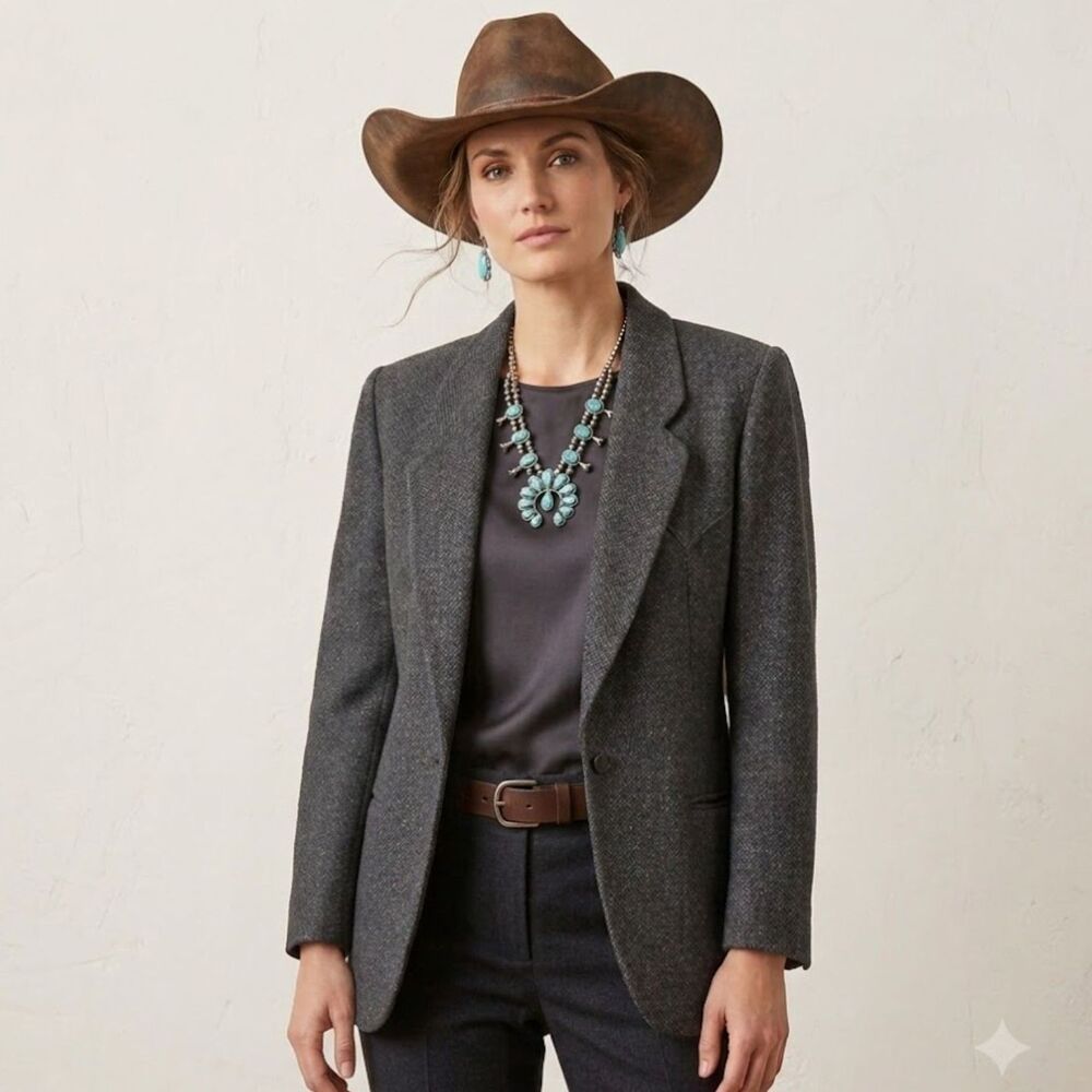 Pagano West Tweed Wool Blazer Womens Sz M VTG Blue Western Yoke Jacket USA Made
